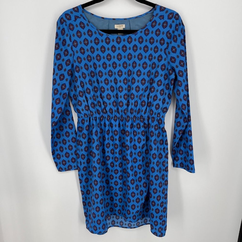 J Crew Womens Long Sleeve Faux Wrap Dress Size 4 Blue Red Geometric Pattern EUC